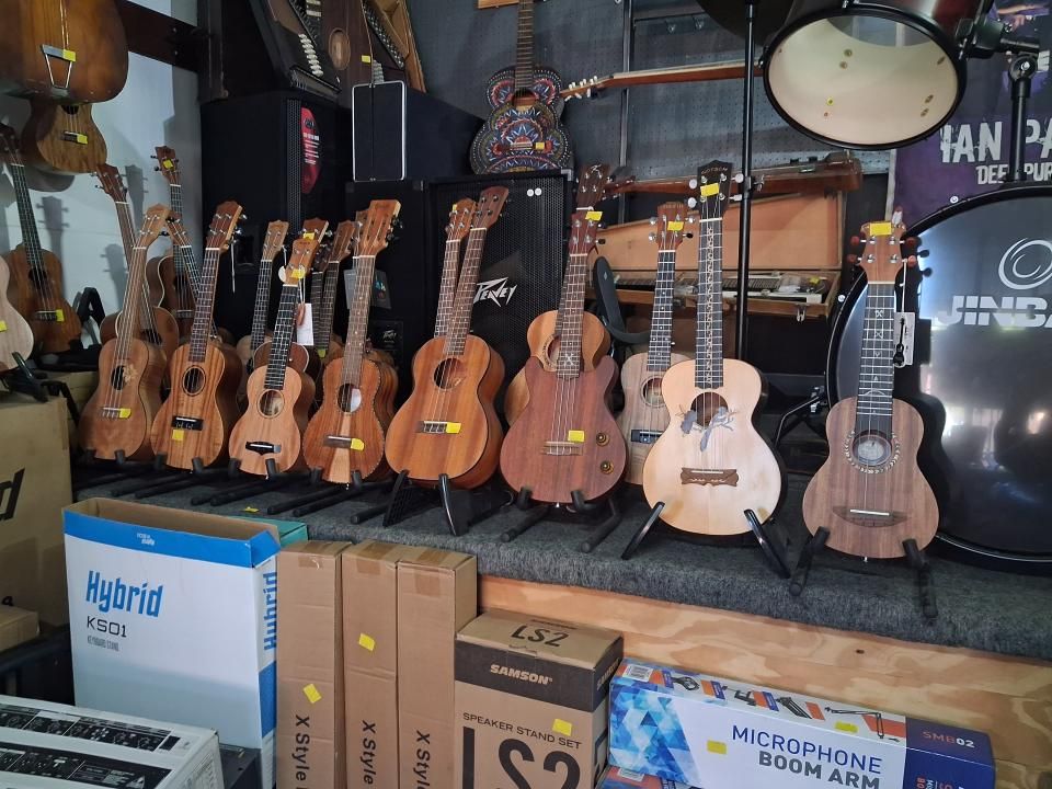 Music store stocking new and second hand instruments.