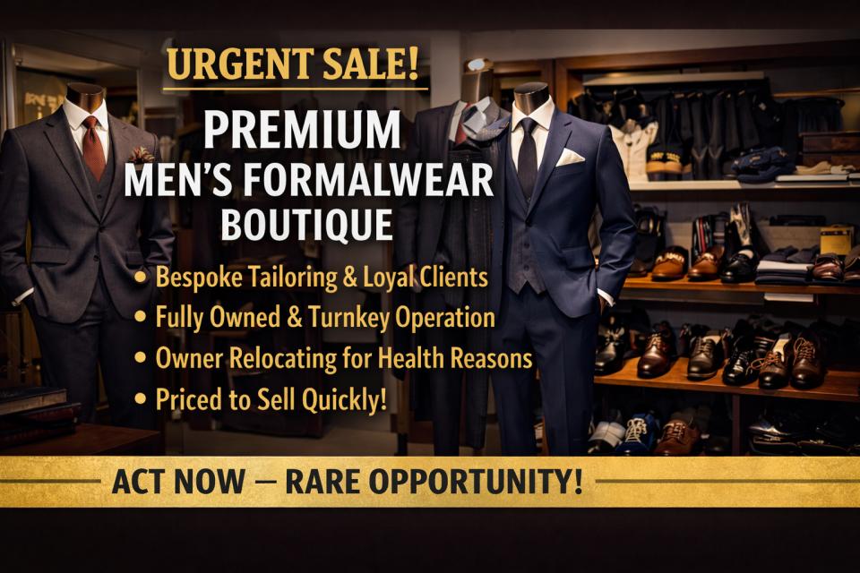 Urgent Sale – Established Men’s Tailoring & Formalwear